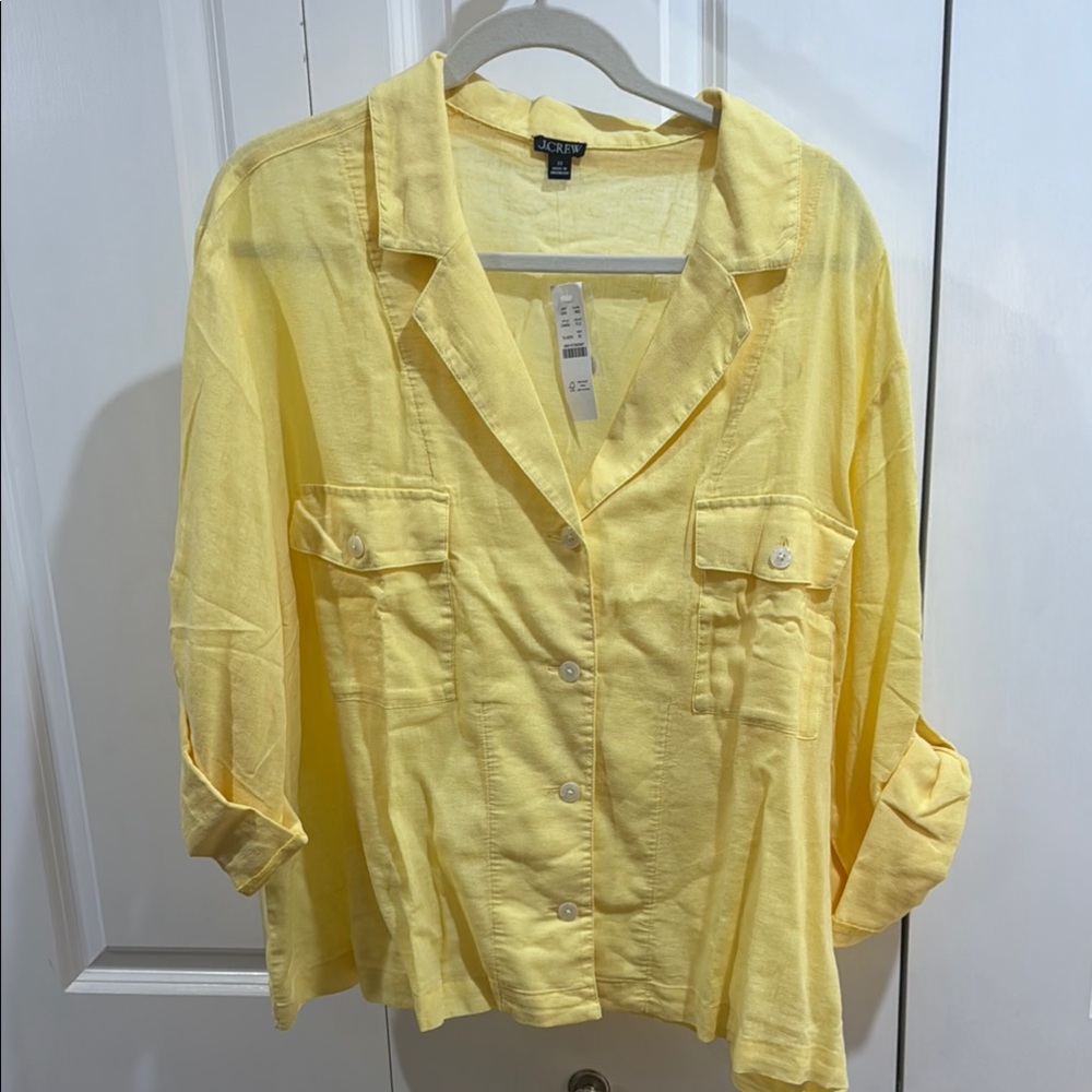 J. Crew Yellow Linen 3/4 or Long Sleeve Notched Collar Button Down